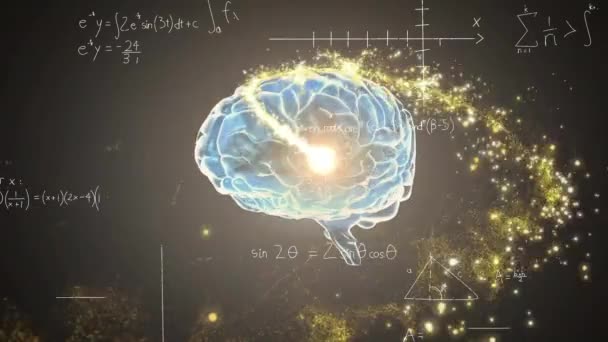 Animacja Mózgu Światła Nad Równaniami Matematycznymi Koncepcja Globalnej Nauki Technologii — Wideo stockowe