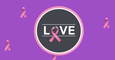 Mor arka planda pembe kurdeleli bir aşk metni resmi. Göğüs kanseri pozitif farkındalık kampanyası konsepti dijital olarak oluşturuldu.