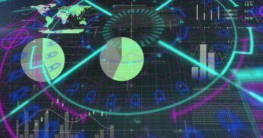 Arka plandaki ızgara üzerinde tarama ve veri işleme kapsamı resmi. Dijital arayüz küresel bağlantı ve dijital olarak oluşturulan iletişim konsepti.