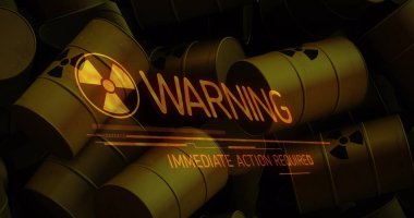 Image of warning text over barrels with radioactive symbol. ukraine crisis and international politics concept digitally generated image. clipart