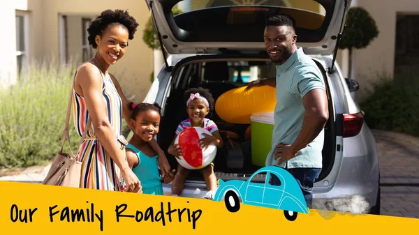 Family adventure begins, packed car, joyful smiles. Captures the excitement of a family road trip.