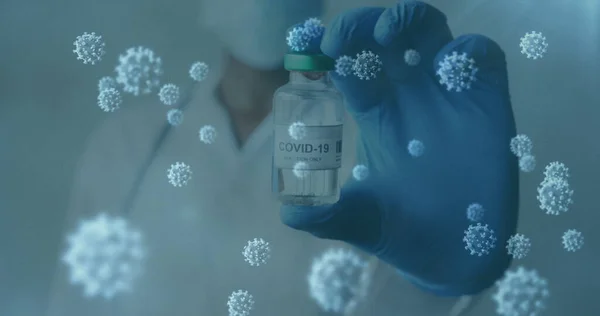 Covid Hücre Ellerinde Aşı Tutan Maskeli Doktor Görüntüsü Coronavirus Covid — Stok fotoğraf