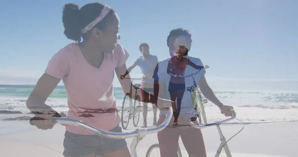 Afbeelding Van Gelukkig Afrikaans Amerikaans Echtpaar Met Fietsen Zeegezicht Vakantie — Stockfoto