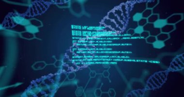 Karanlık arka plandaki DNA iplikçikleri üzerinde elementlerin ve veri işleme animasyonu. Bağlantı, bilim, tıbbi araştırma, sağlık, dijital arayüz ve iletişim, dijital olarak oluşturulmuş video.