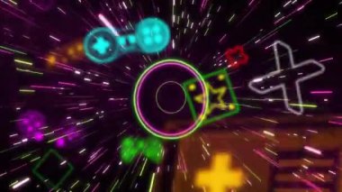 Siyah arka plandaki ışık yollarının üzerindeki neon oyun simgelerinin animasyonu. Metaverse, model ve oyun konsepti dijital olarak oluşturulmuş video.