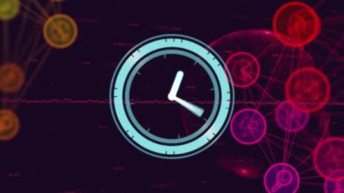 Simgeler ve veri işleme ile bağlantı ağının üzerindeki saatin animasyonu. Küresel finans, iş, bağlantılar, hesaplama ve veri işleme kavramı dijital olarak oluşturulmuş video.