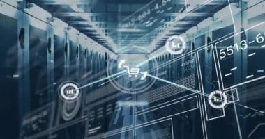 Bilgisayar sunucuları üzerinden veri işleme animasyonu. Küresel finans, iş, bağlantılar, hesaplama ve veri işleme kavramı dijital olarak oluşturulmuş video.