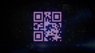 QR kodunun siyah arkaplandaki veri işleme üzerinden canlandırılması. küresel teknoloji, bilgisayar ve dijital arayüz kavramı dijital olarak oluşturulmuş video.