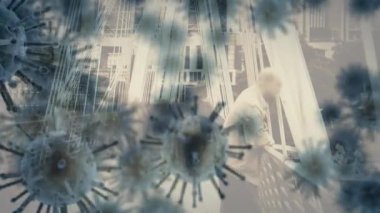 Beyaz virüslerin animasyonu, köprüde yürüyen insanların hızının üstünde. Şehir hayatı, salgın, koronavirüs, ilaç ve sağlık, dijital olarak üretilen video.
