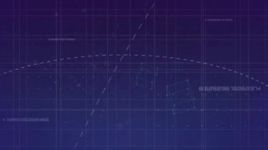 Mavi arka planda şekil ve veri işleme animasyonları. Küresel teknoloji, bilgisayar ve dijital arayüz kavramı dijital olarak oluşturulmuş video.