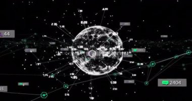 Siyah arkaplan üzerinde medya simgelerinin ve kürenin animasyonu. Küresel iş ve dijital arayüz kavramı dijital olarak oluşturulmuş video.