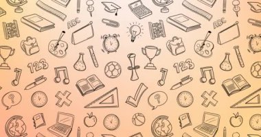 Eğitim ve okul simgelerinin turuncu arka planda canlandırılması. Eğitim, öğrenim, okul, bağlantı, çocukluk ve iletişim, dijital olarak oluşturulmuş video.