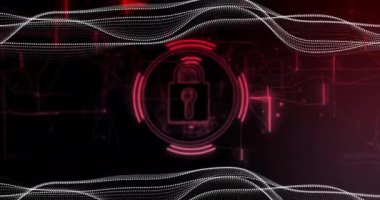 Siyah arkaplanda asma kilit simgesi ve bağlantı ağı animasyonu. Dijital olarak oluşturulmuş küresel bağlantılar, çevrimiçi güvenlik ve dijital arayüz kavramı.