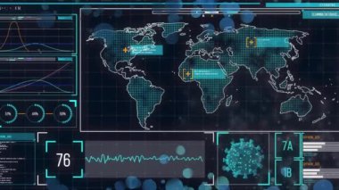 Dünya haritasının animasyonu ve kara arka planda veri işleme. Küresel teknoloji ve dijital arayüz konsepti dijital olarak oluşturulmuş video.