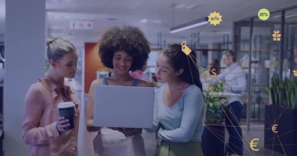 Animation Network Retail Icons Diverse Female Colleagues Using Laptop Casual — Stock Video