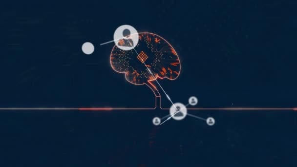 Animation Netværk Forbindelser Med Mennesker Ikoner Menneskelig Hjerne Mørk Baggrund – Stock-video