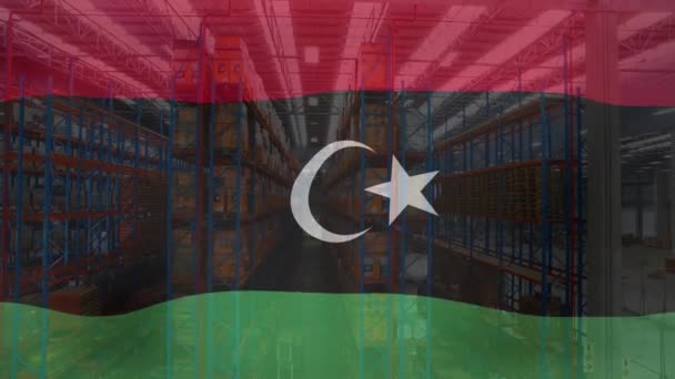 Animace Vlajky Libyy Nad Velkým Skladištěm Zboží Libye Obchod Průmysl — Stock video