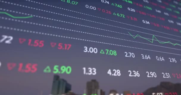 Animace Akciového Trhu Schéma Nad Městskou Krajinou Globální Koncepce Podnikatelského — Stock video