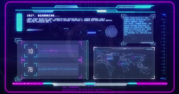 Animasi Pengolahan Data Dan Diagram Peta Dunia Konsep Antarmuka Digital — Stok Video