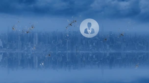 シティスケープ上のスキャンとユーザーアイコンのアニメーション グローバルテクノロジーとデジタルインターフェースのコンセプトデジタル生成ビデオ — ストック動画