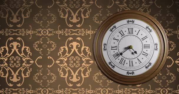 Animation Retro Clock Ticking Showing Midnight Gold Patter Brown Background — Stock Video
