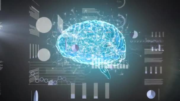 Animatie Van Financiële Gegevensverwerking Digitale Hersenen Zwarte Achtergrond Global Science — Stockvideo