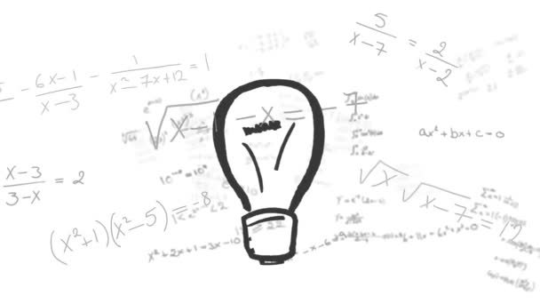 Animacja Przetwarzania Danych Matematycznych Nad Żarówką Białym Tle Koncepcja Globalnej — Wideo stockowe