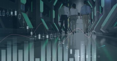 Modern ofiste yürüyen iş adamlarının finansal veri işleme görüntüsü. küresel iş, finans, bağlantılar ve dijital arayüz konsepti dijital olarak oluşturulmuş görüntü.