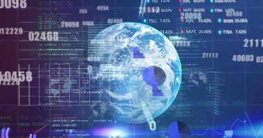 Dünya üzerinde veri işleme görüntüsü. iletişim teknolojisi, veri paylaşımı ve dijital arayüz konsepti dijital olarak oluşturulmuş görüntü.