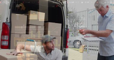 Kutuları arabaya koyan adamın veri işleme görüntüsü. küresel sevkiyat, dağıtım ve bağlantılar konsepti dijital olarak oluşturuldu.