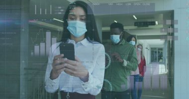 Ofiste yüz maskesi takan iş adamlarının istatistikleri. küresel covid 19 salgın hastalık ve iş yeri konsepti dijital olarak oluşturulmuş görüntü.