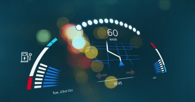 Şehrin sokaklarında işlenen araba hız göstergesi görüntüsü. Küresel otomobil seyahati, iş, finans, hesaplama ve veri işleme kavramı dijital olarak oluşturulmuş görüntü.