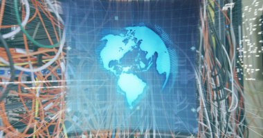 Bilgisayar kabloları üzerinden veri işleme görüntüsü. bilgisayarlar, ağ, veri işleme, teknoloji ve dijital arayüz kavramı dijital olarak oluşturuldu.