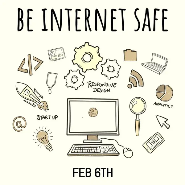Promote web safety, doodle-style tech icons. Conveys online security awareness with a playful touch.