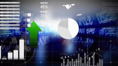 Karanlık arka planda finansal veri işleme animasyonu. Küresel iş, bağlantılar, hesaplama ve veri işleme kavramı dijital olarak oluşturulmuş video.