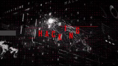Veri işleme üzerinden metnin hacklenmesi ve kara arkaplanda dünya haritası. Küresel teknoloji, bilgisayar, çevrimiçi güvenlik ve dijital arayüz kavramı dijital olarak oluşturulmuş video.