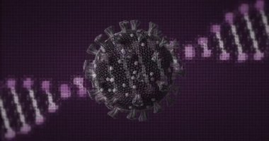 Virüs hücresinin ve DNA 'nın gri arkaplandaki animasyonu. Küresel tıp, salgın hastalık ve dijital arayüz kavramı dijital olarak oluşturulmuş video.