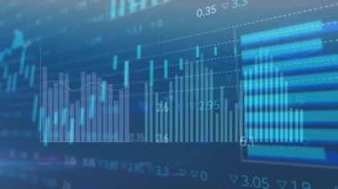 Mavi arka planda finansal veri işleme animasyonu. Küresel finans, iş, bağlantılar, hesaplama ve veri işleme kavramı dijital olarak oluşturulmuş video.