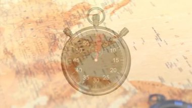 Dünya haritası ve pusula üzerinde zamanlayıcı animasyonu. Seyahat ve zaman kavramı dijital olarak oluşturulmuş video.