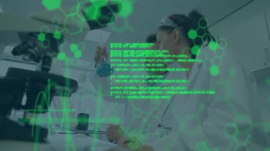 Laboratuvarda çalışan çeşitli bilim adamları üzerinde kimyasal formülün ve veri işlemenin animasyonu. Küresel bilim, bilgisayar ve dijital arayüz kavramı dijital olarak oluşturulmuş video.