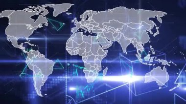 Koyu arkaplandaki gri dünya haritasında parlayan ışıkların ve 3D çizgi şekillerinin animasyonu. Veri, bağlantı, dijital arayüz, işleme ve küresel iletişim, dijital olarak oluşturulmuş video.