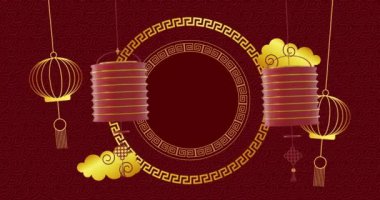 Kırmızı arka planda fotokopi alanı olan fenerlerin ve Çin desenlerinin animasyonu. Çin yeni yılı, şenlik, kutlama ve geleneksel konsept dijital olarak oluşturulmuş video.