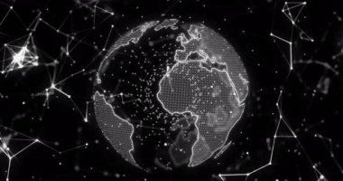 Siyah arkaplandaki bağlantı ağı üzerinden dünyanın animasyonu. Dijital olarak oluşturulmuş küresel bağlantılar, bilgisayar ve dijital arayüz kavramı.