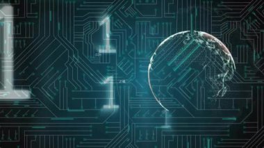 Dünya üzerinde veri işleme ile ikili kodlama animasyonu. Küresel teknoloji ve dijital arayüz konsepti dijital olarak oluşturulmuş video.