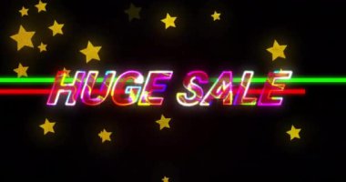 Siyah arkaplandaki altın yıldızların üzerinde renkli harflerle büyük satış metinlerinin animasyonu. Satış, perakende, retro, iş, dijital arayüz, çevrimiçi alışveriş ve iletişim, dijital olarak üretilen video.