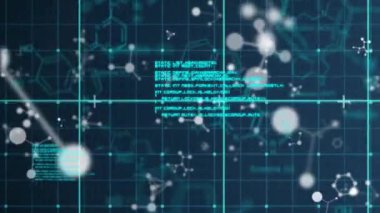 Mavi arka planda veri işleme ve kimyasal formüllerin animasyonu. Bilim ve dijital arayüz kavramı dijital olarak oluşturulmuş video.