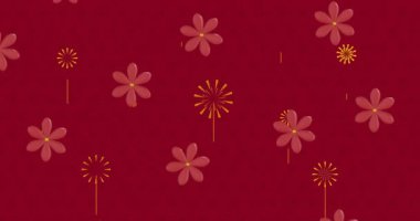 Mutlu Çin Yeni Yılı 'nın animasyonu. Kırmızı arka planda fenerler ve Çince desenler üzerine yeni yıl metni. Çin yeni yılı, şenlik, kutlama ve geleneksel konsept dijital olarak oluşturulmuş video.