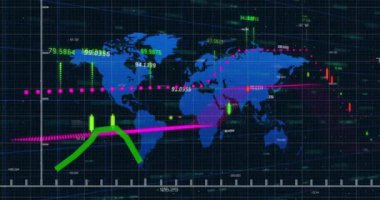 Finansal veri işleme animasyonu dünya haritasında siyah arka planda. Küresel finans, iş, bağlantılar, hesaplama ve veri işleme kavramı dijital olarak oluşturulmuş video.