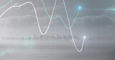 Şehir manzarası üzerindeki veri işleme ve diyagramlarının animasyonu. Küresel teknoloji ve dijital arayüz konsepti dijital olarak oluşturulmuş video.