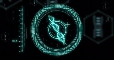 Siyah arkaplan üzerinde DNA ipliği ve dijital veri işleme animasyonu. Küresel bilim, bağlantılar, hesaplama ve veri işleme kavramı dijital olarak oluşturulmuş video.